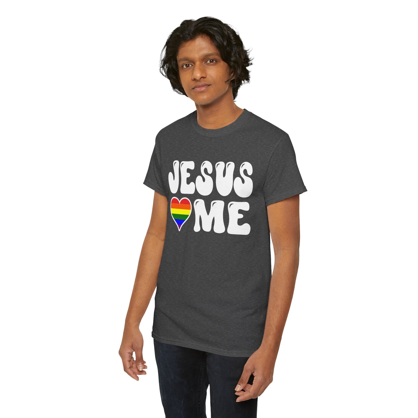 Jesus Loves Me (Rainbow Heart) - Dark - Unisex Heavy Cotton Tee